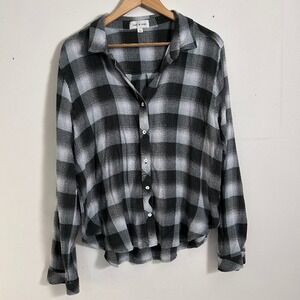 Cloth & Stone Plaid Button Down Shirt Black Grey Flannel XL